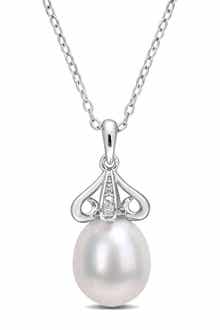 DELMAR Diamond & 8.5-9mm Freshwater Pearl Pendant Necklace