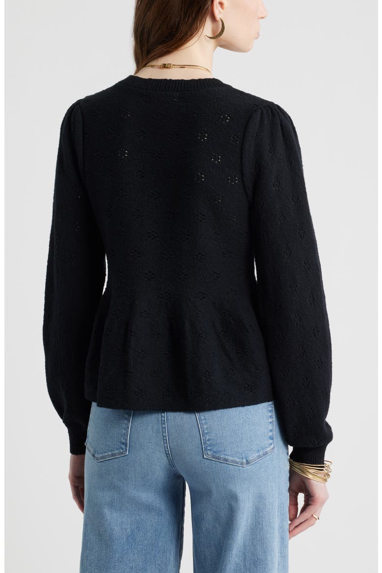 Pointelle Peplum Cardigan, Alternate, color, BLACK