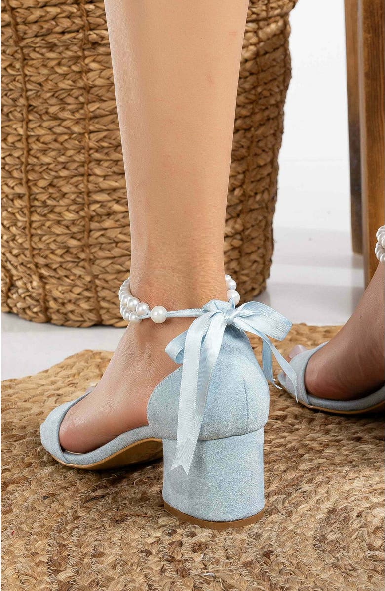 Forever & Always Shoes Illy Low Block Heel Sandals with Pearls, Alternate, color, Baby Blue Suede