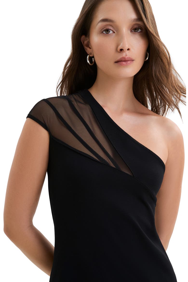 Kiran Sheer Accent One-Shoulder Midi Dress, Alternate, color, BLACK