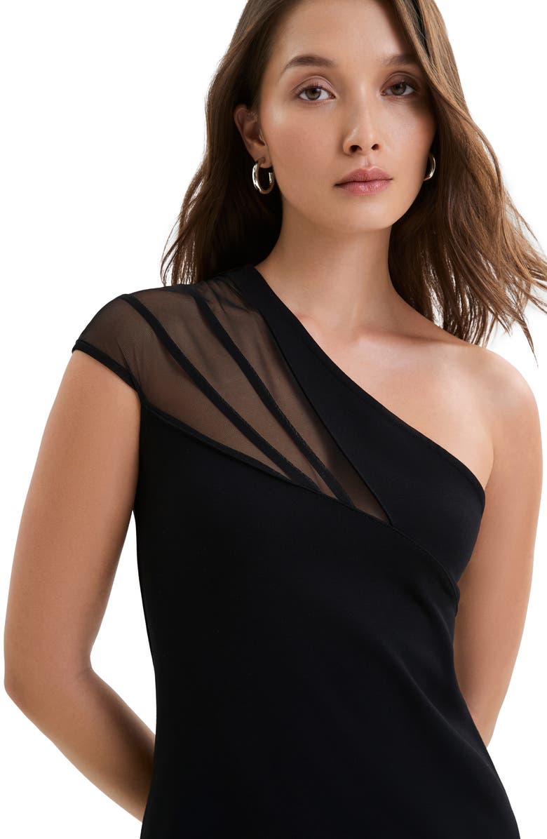 Marcella Kiran Sheer Accent One-Shoulder Midi Dress, Alternate, color, Black