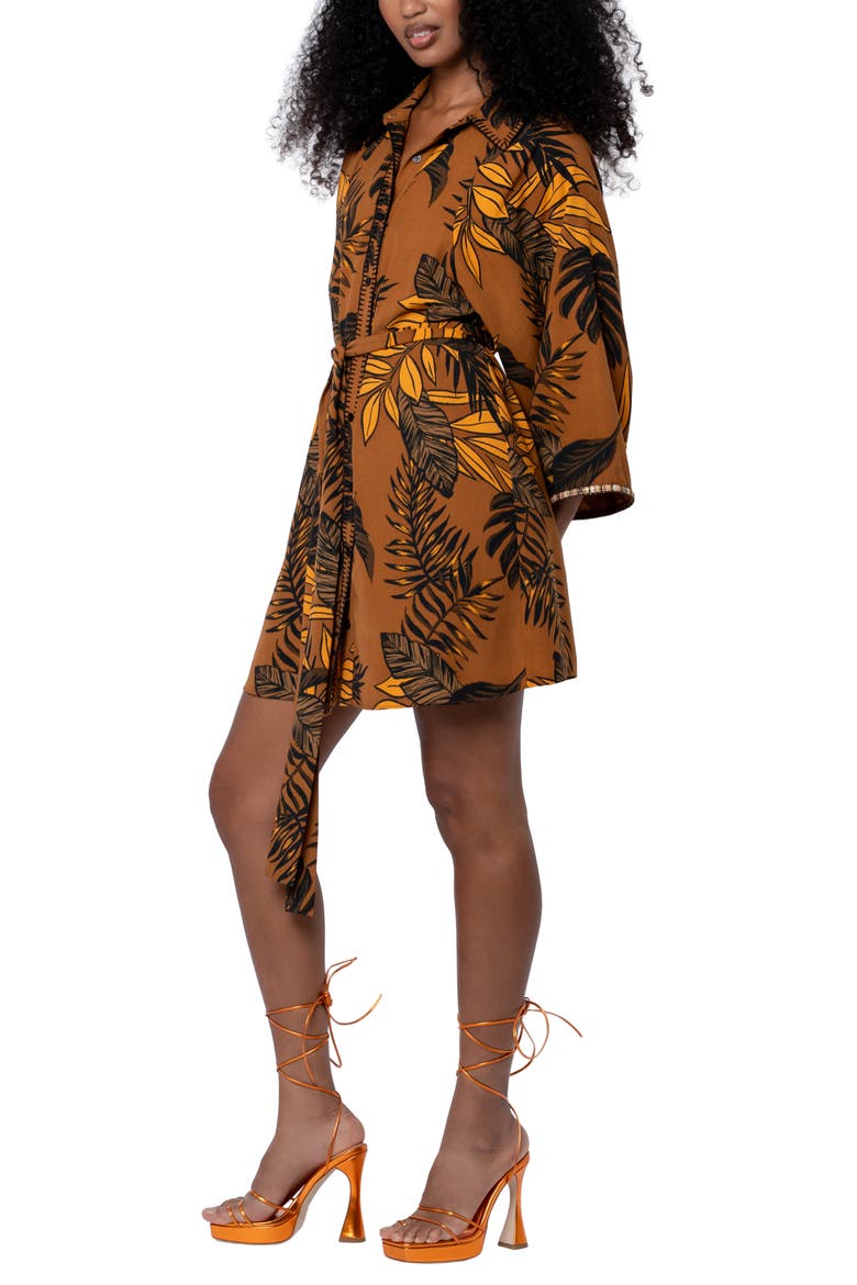 Gaia Leaf Print Mini Shirtdress, Alternate, color, ORANGE