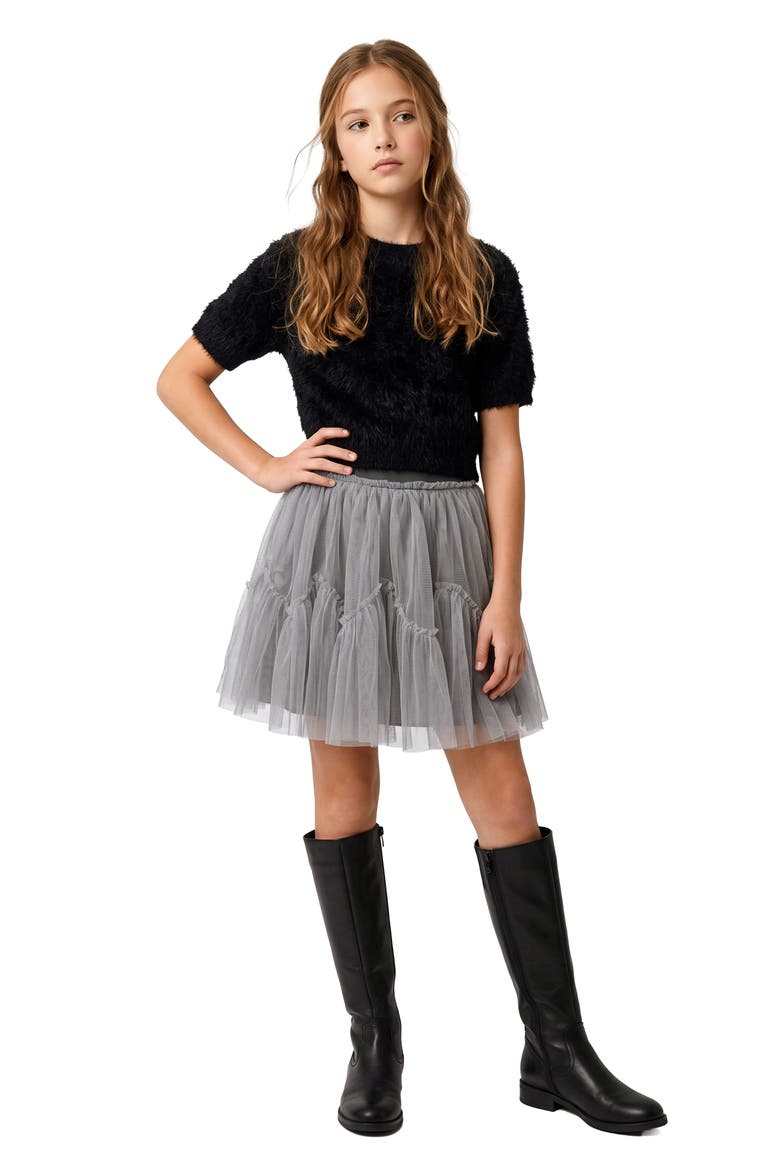 Kids' Fuzzy Short Sleeve Sweater, Alternate, color, BLACK