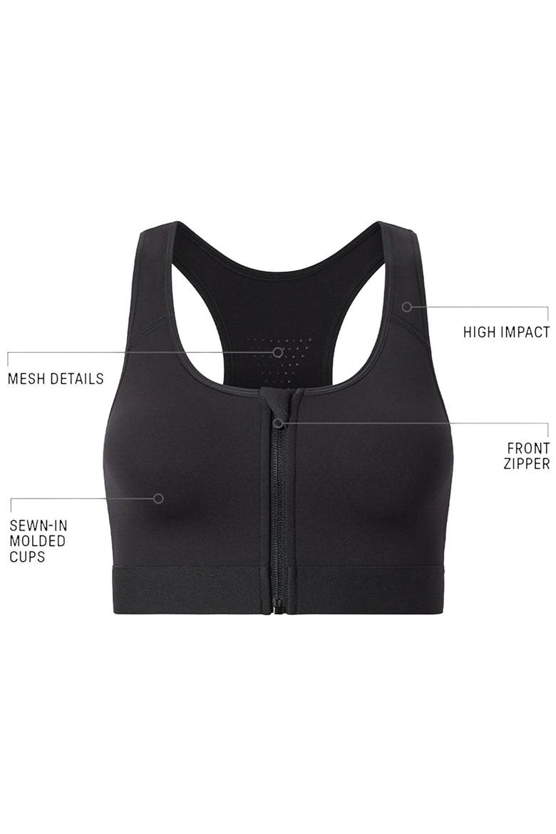 Women's Front Zip High Impact Sports Bra, Alternate, color, Black