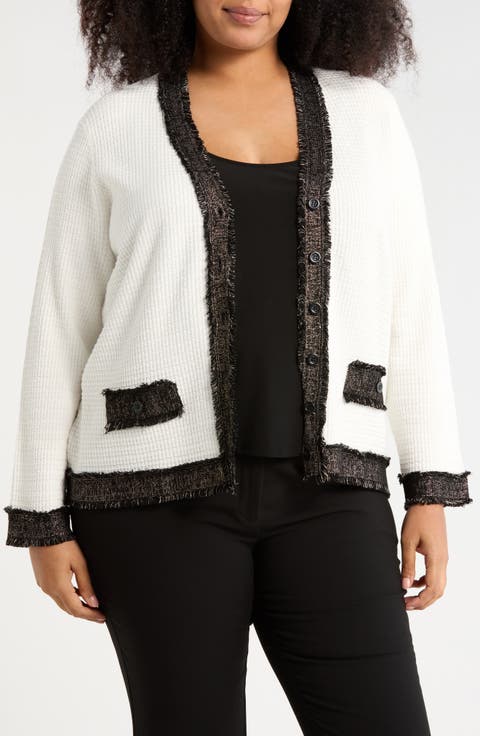 Fray Trim Waffle Knit Cardigan (Plus)