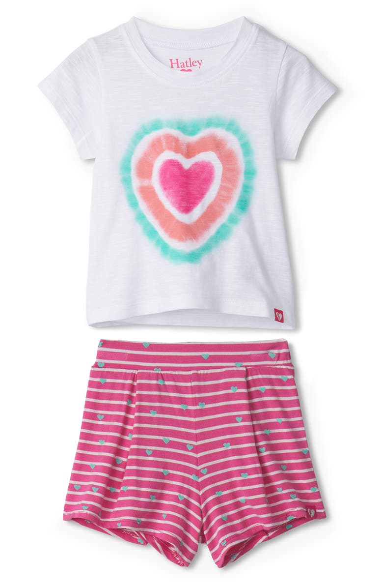 Hatley Glowing Hearts Graphic T-Shirt & Stripe Shorts Set, Main, color, 