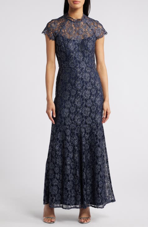 Floral Lace Top and Chiffon Bottom Full-length Dresses Steel Grey