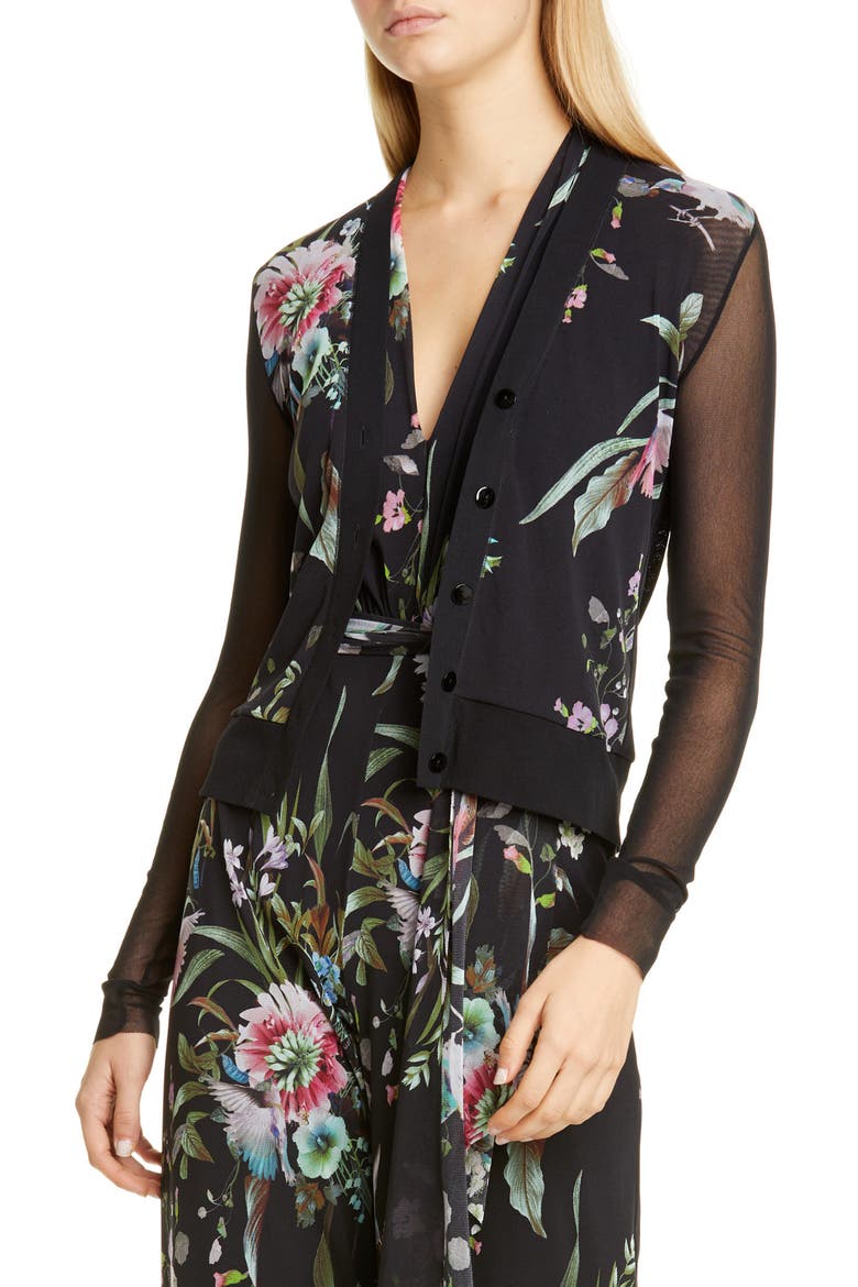 Floral Sheer Sleeve Cardigan, Main, color, NERO