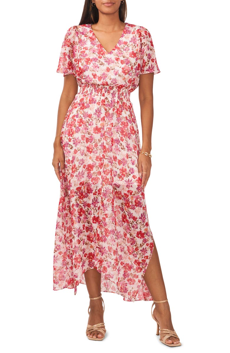 Chaus Floral Smocked Waist Asymmetric Hem Maxi Dress, Main, color, 