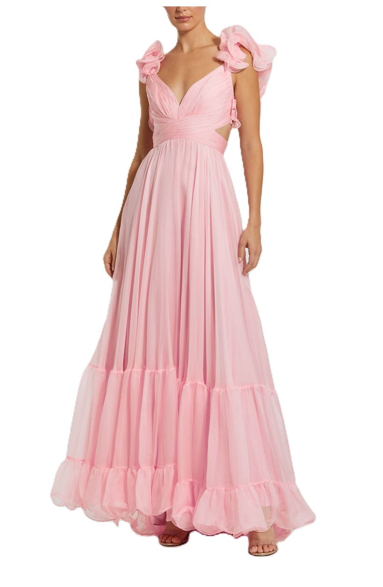 Mac Duggal Sleeveless Ruffle Tiered Cut-Out Chiffon Gown, Main, color, 