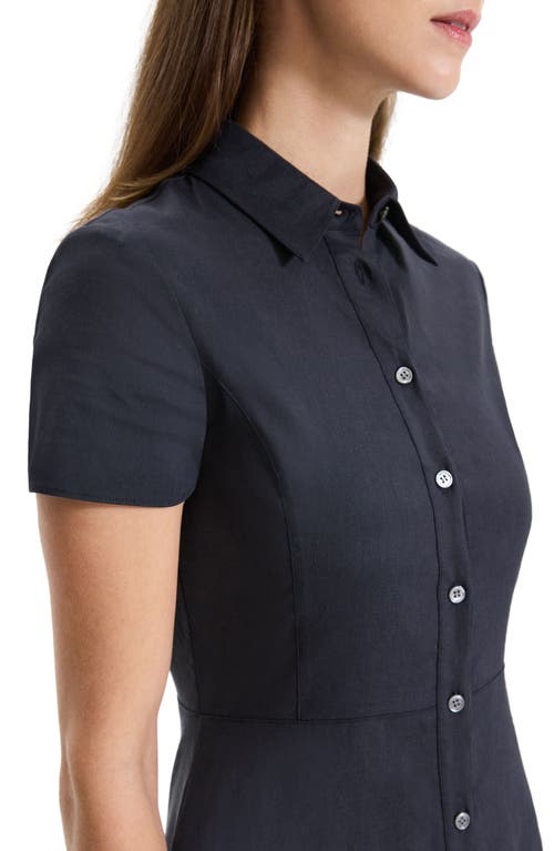 Theory Short Sleeve Linen Blend Midi Shirtdress In Black