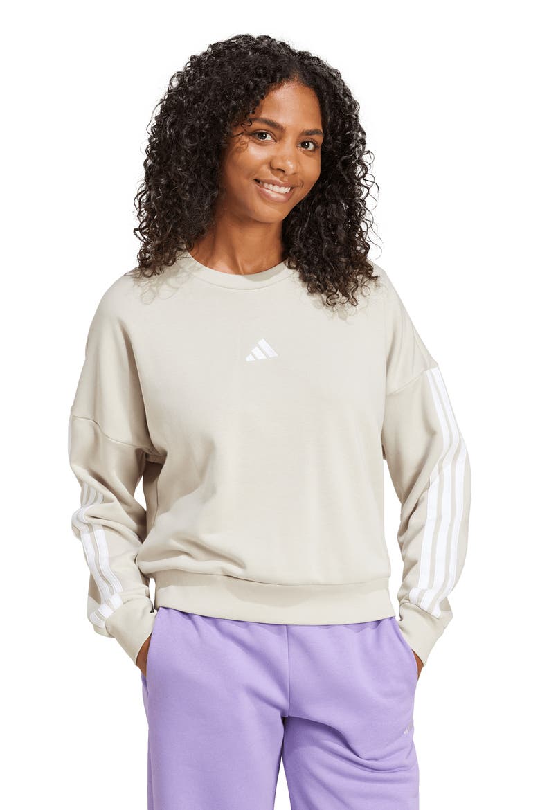 3-Stripes French Terry Sweatshirt, Alternate, color, WONDER ALUMINA/ WHITE