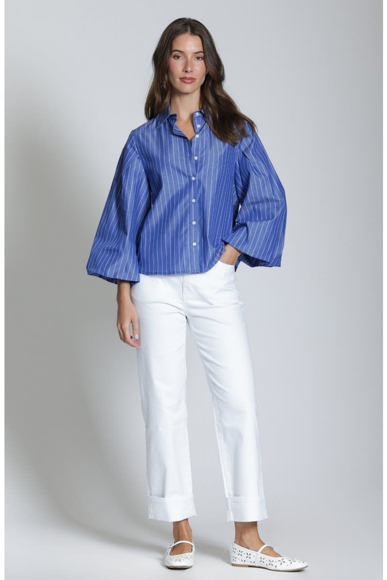 Cotton Bubble Sleeve Button-Up Shirt, Alternate, color, BLUEWHITE STRIPE