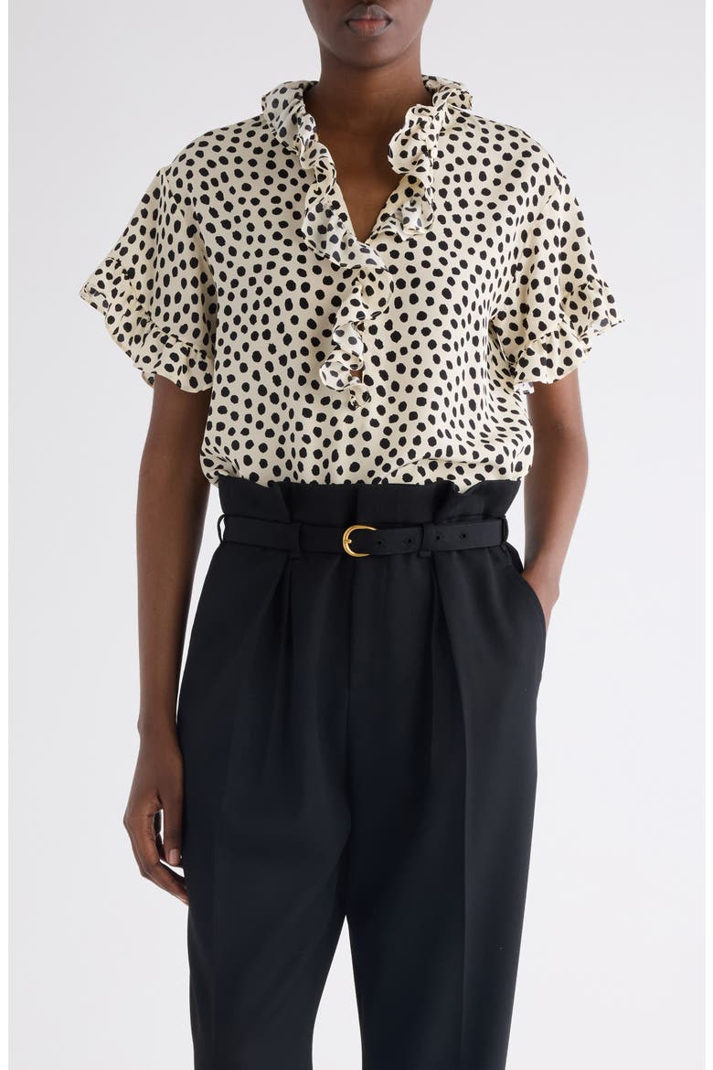 Polka Dot Jacquard Organic Silk Crêpe de Chine Top, Main, color, BEIGE - BLACK