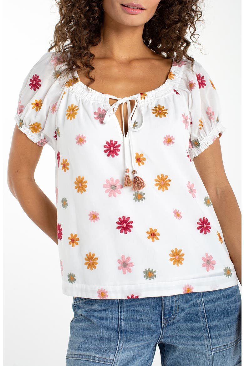 Embroidered Tie Neck Top, Main, color, WHITE MULTI FLOWER