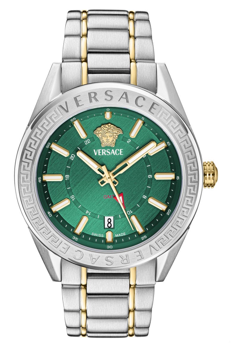 V-Code GMT Two-Tone Bracelet Watch, 42mm, Main, color, GREEN/ TWO TONE