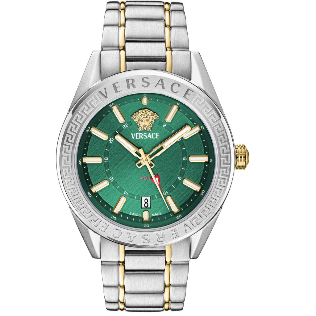 Versace Men's V-code Silver Stainless Steel Bracelet Watch, 42mm In Green/two Tone