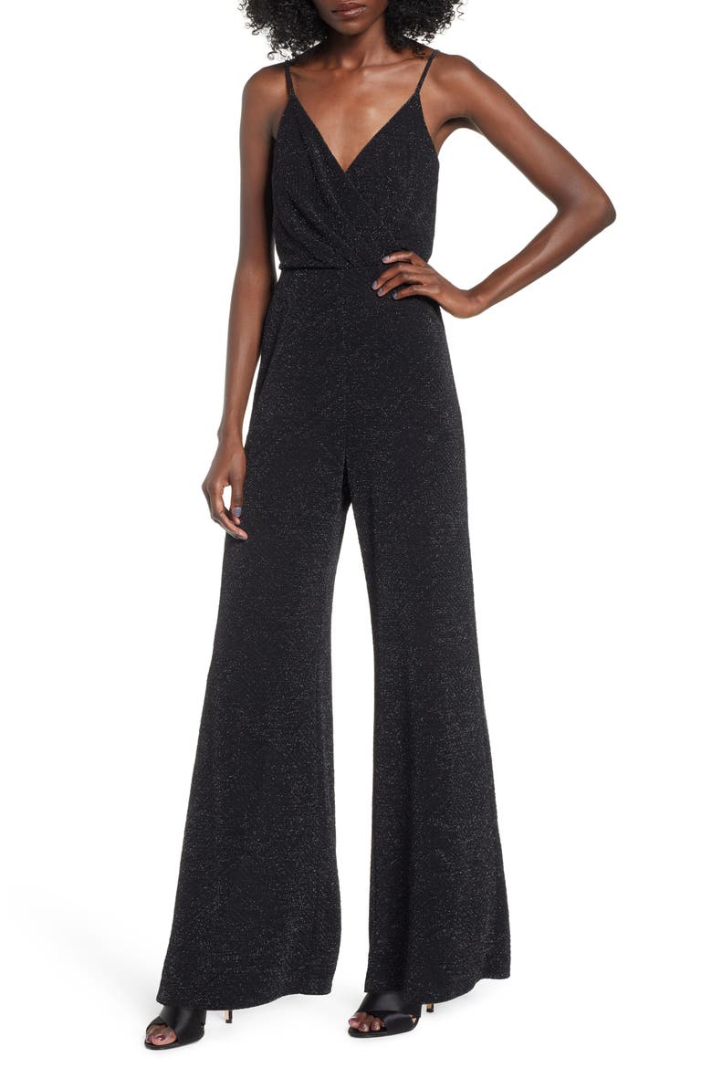 Metallic Wrap Jumpsuit, Main, color, BLACK