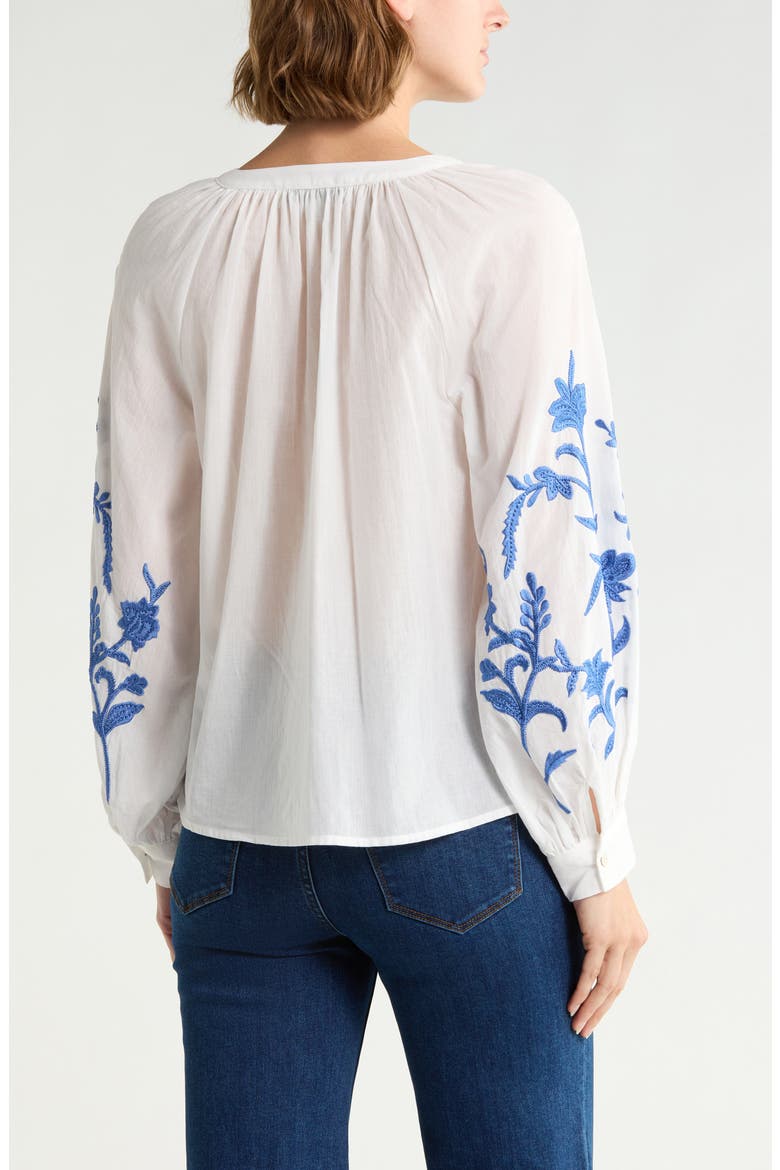 Embroidered Tie Neck Top, Alternate, color, WHITE W/ BLUE EMBROIDERY