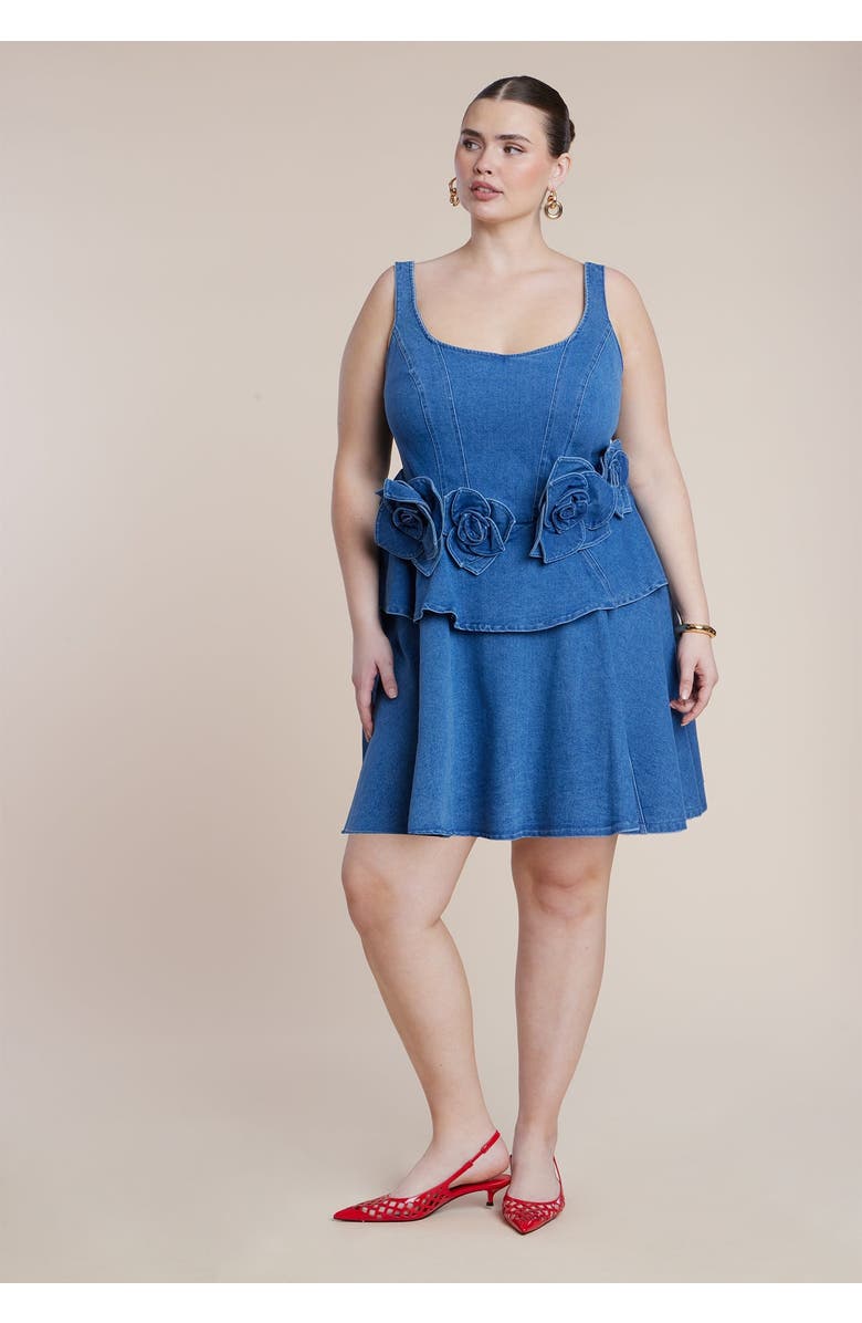 ELOQUII Denim Flower Applique Mini Dress, Main, color, Medium Wash