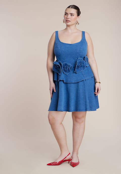 Denim Flower Applique Mini Dress (Plus)