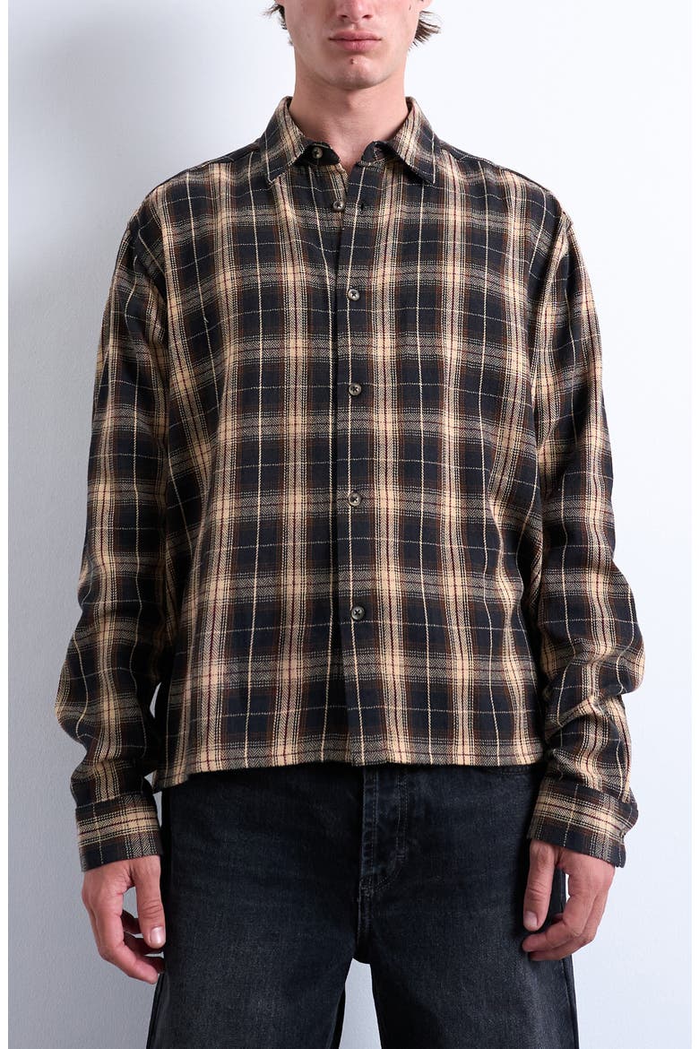 Relaxed Fit Flannel Crop Button-Up Shirt, Main, color, BROWN