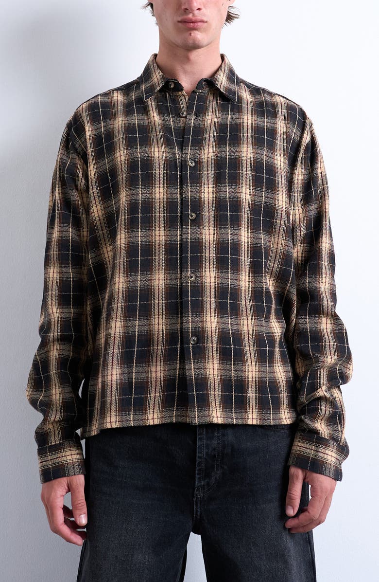 Topman Relaxed Fit Flannel Crop Button-Up Shirt, Main, color, Brown
