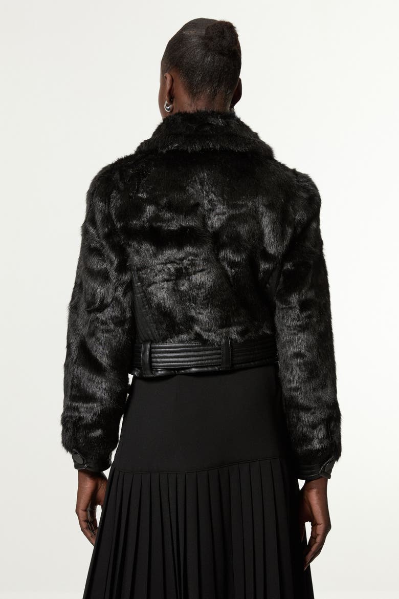 Faux Fur Pu Panel Belted Cropped Jacket, Alternate, color, Black