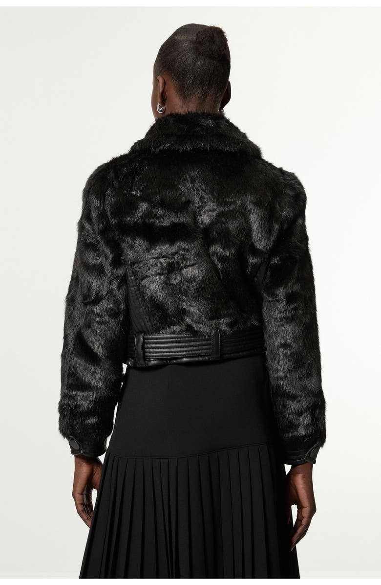 Karen Millen Faux Fur Pu Panel Belted Cropped Jacket, Alternate, color, Black