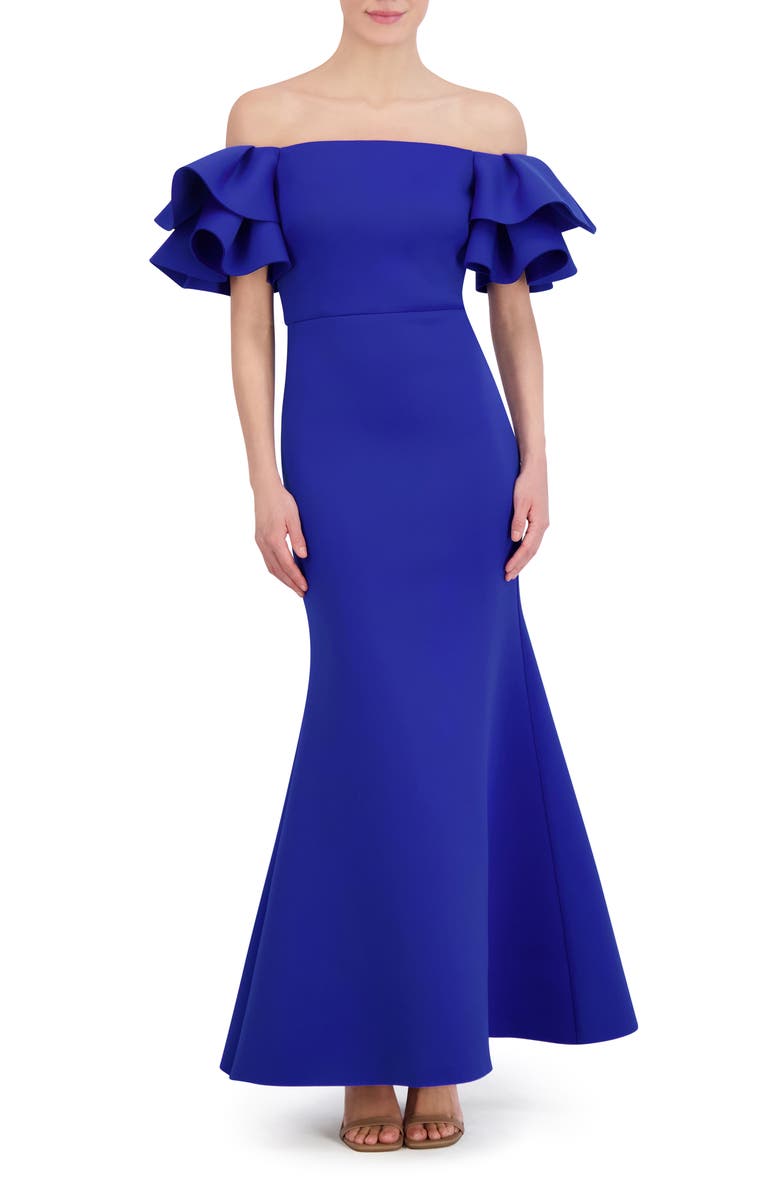 Eliza J Ruffle Sleeve Off the Shoulder Mermaid Gown, Main, color,