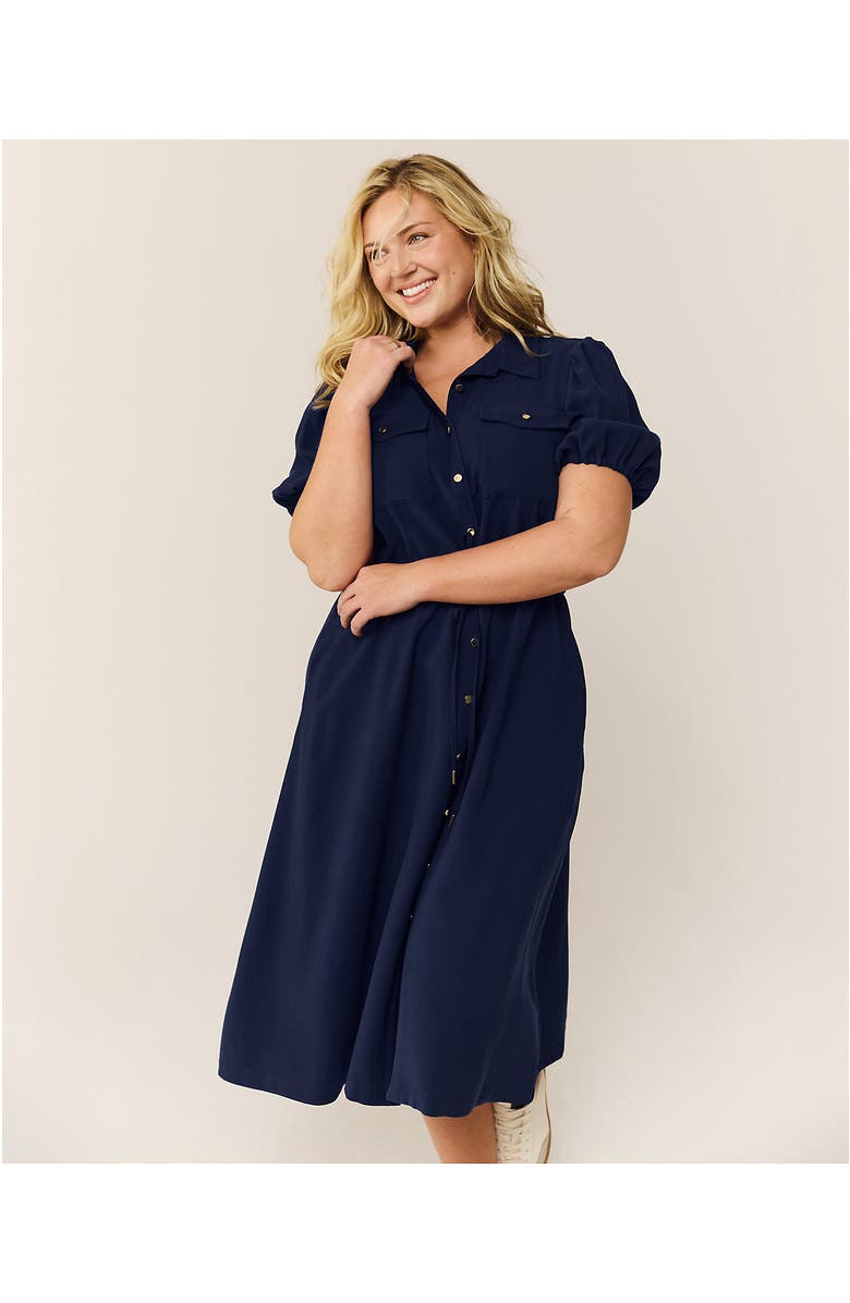 Lands' End Twill Button Front Fluid Short Sleeve Dress, Alternate, color, Deep Sea Navy