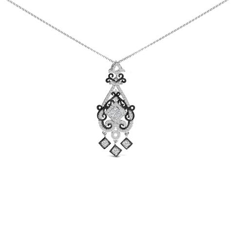 Black Rhodium Plated Sterling Silver 3/4 Cttw Diamond Ornate Drop Pendant Necklace