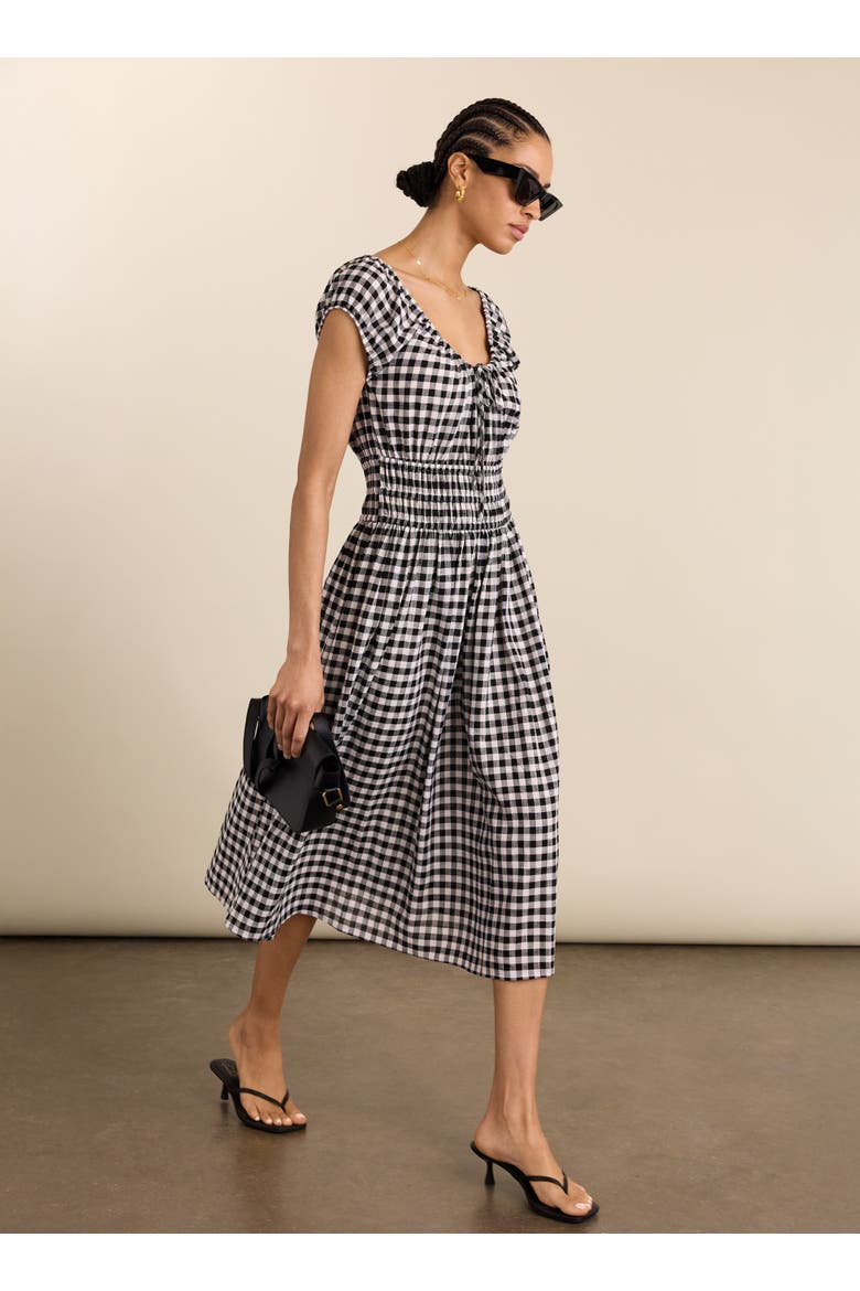 Emily Linen Gingham midi Dress, Main, color, Black & White