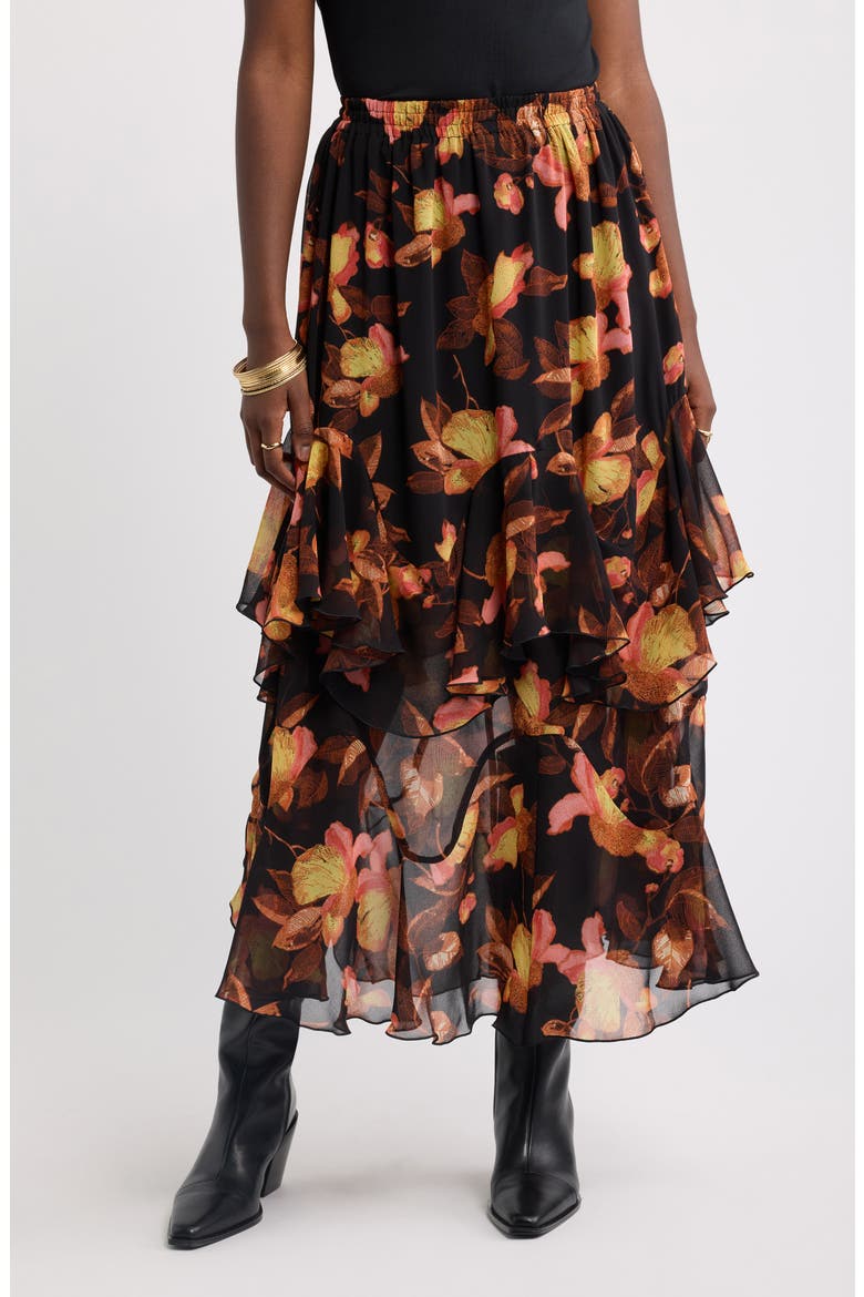 Tiered Chiffon Maxi Skirt, Main, color, BLACK- PINK BOLD PETALS