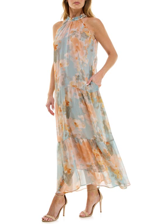 Socialite Tiered Maxi Halter Dress In Turquoise/yellow