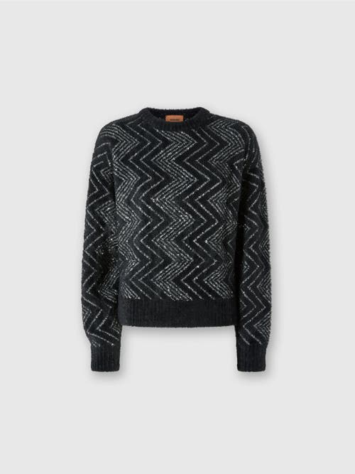 Shop Missoni Zigzag Crewneck Pullover With Sequins In Black & Silver