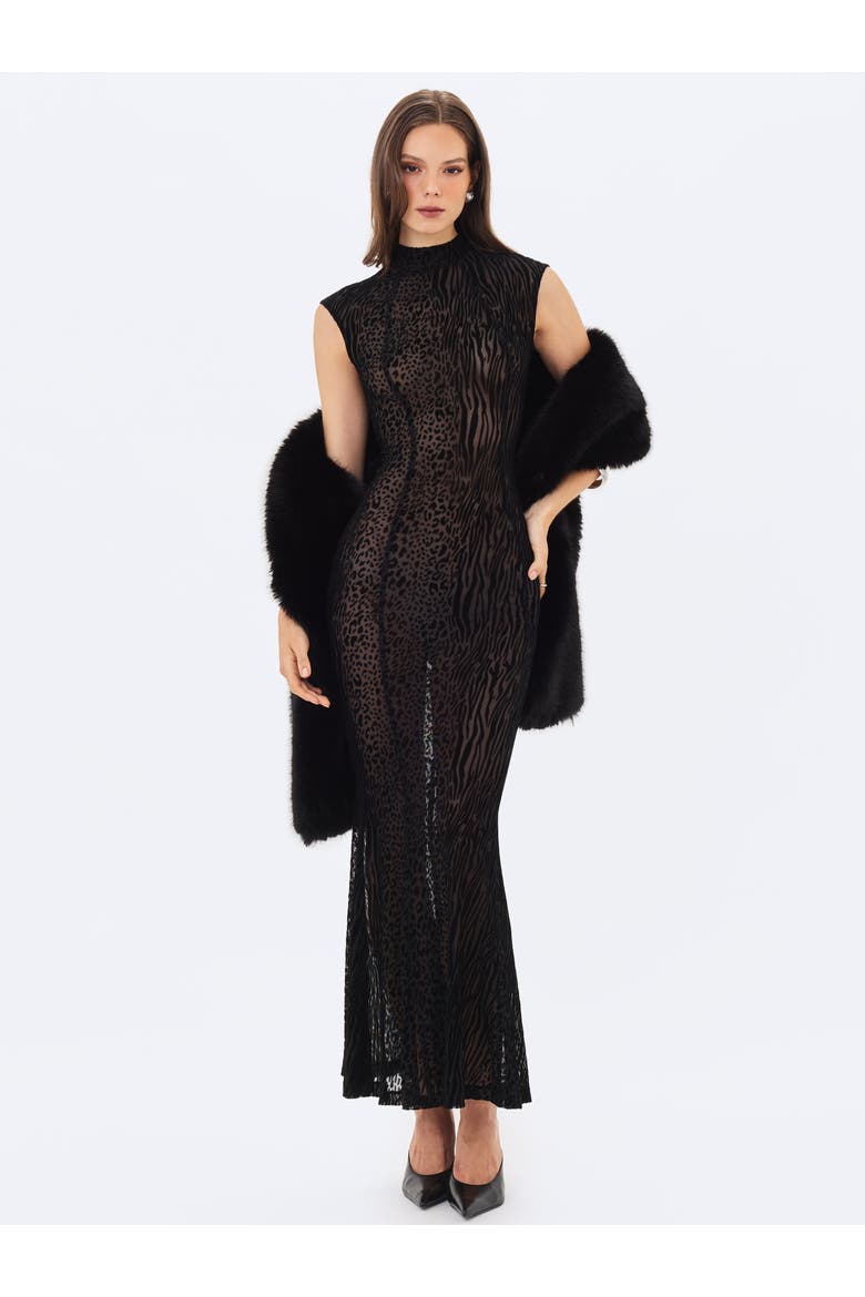 Tyanna Backless Burnout Velvet Mesh Maxi Dress, Alternate, color, Black