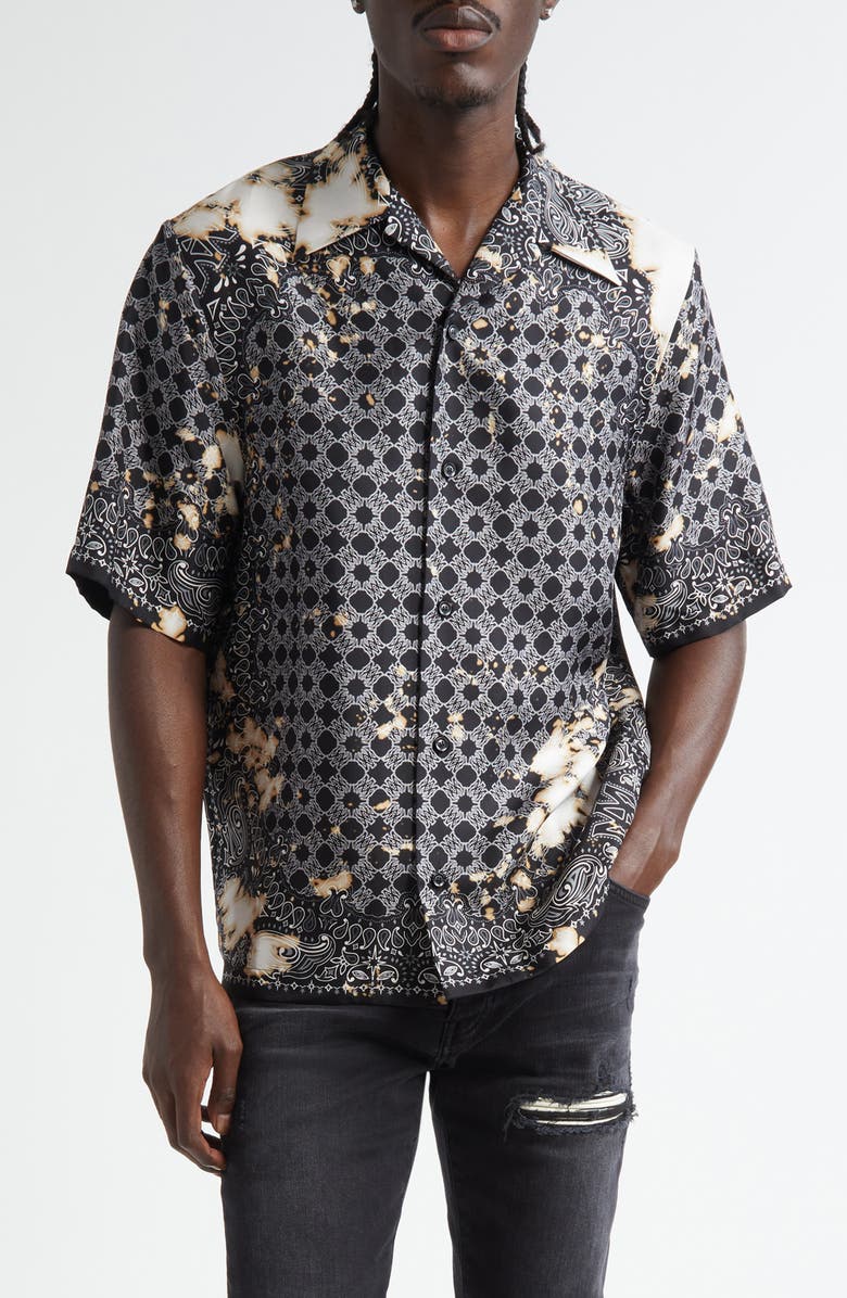 AMIRI Bleach Splatter Bandana Silk Bowling Shirt, Main, color, Black