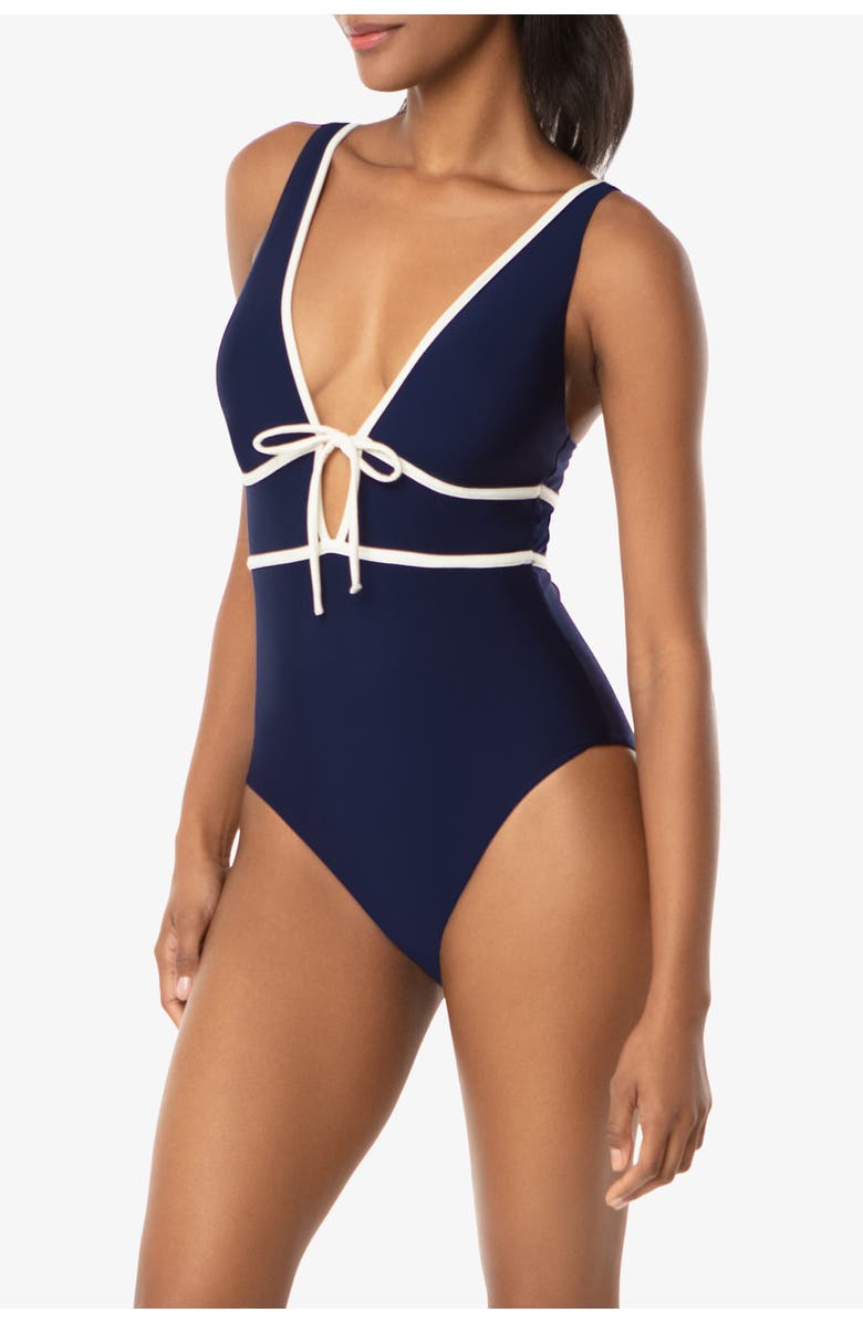 HELEN JON Plunge Front Tie One-Piece, Alternate, color, Navy Ivory