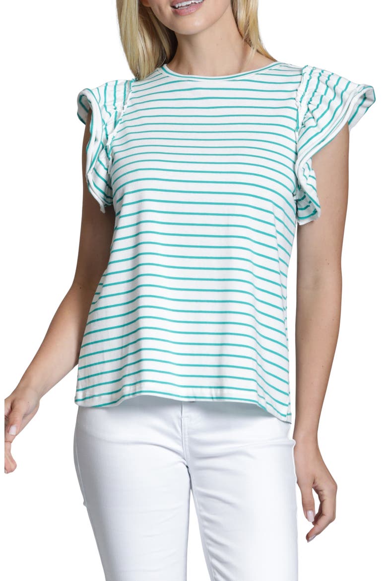 Stripe Ruffle Cap Sleeve T-Shirt, Main, color, WHITE/ JADE STRIPE