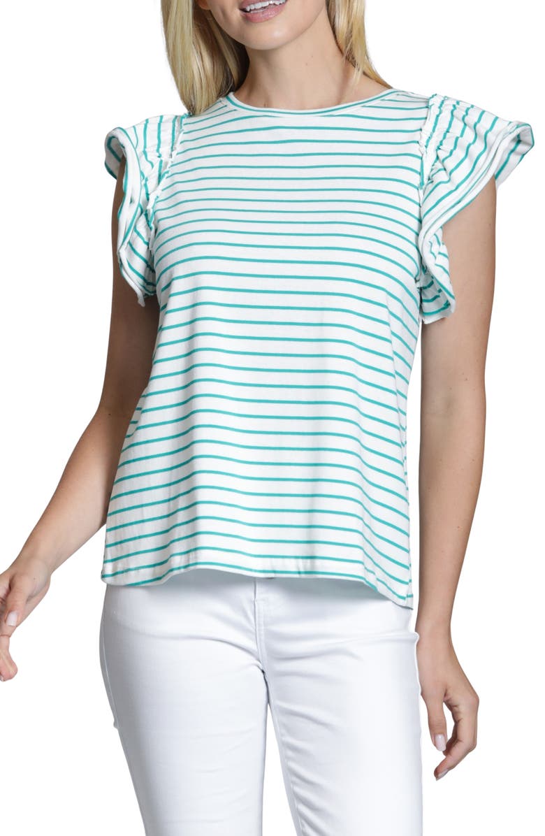APNY Stripe Ruffle Cap Sleeve T-Shirt, Main, color, White/ Jade Stripe