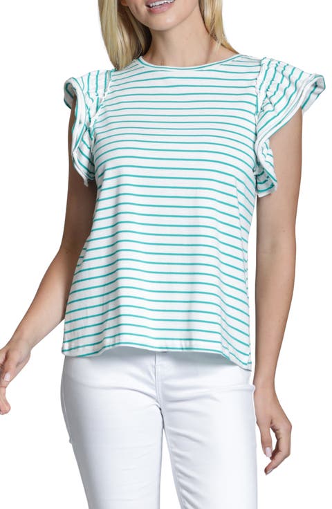 Stripe Ruffle Cap Sleeve T-Shirt