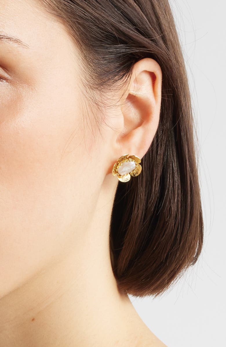 Kiara by Ki-ele Jasmine Pearl Flower Stud Earrings, Alternate, color, Gold
