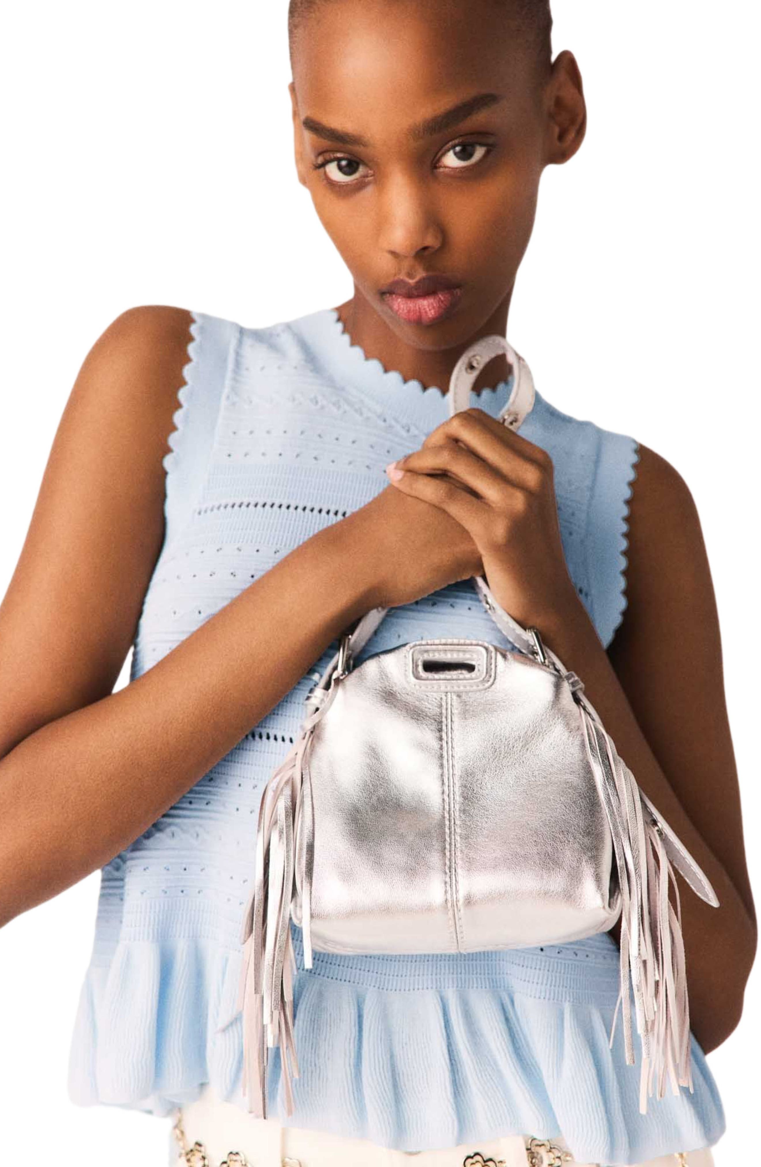 maje Metallic leather Miss M micro bag, Alternate, color, Silver