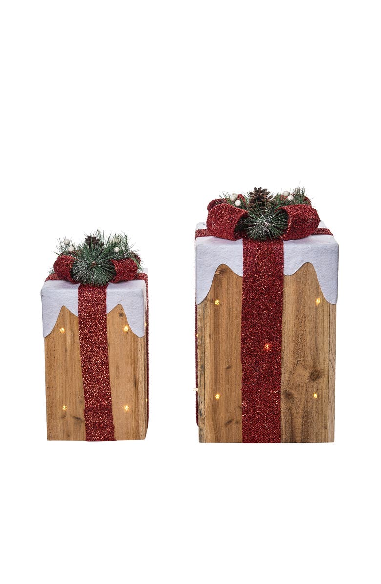 Transpac Multicolor Light Up Snow Covered Gift Decor Set of 2 Figurines, Alternate, color, Gold
