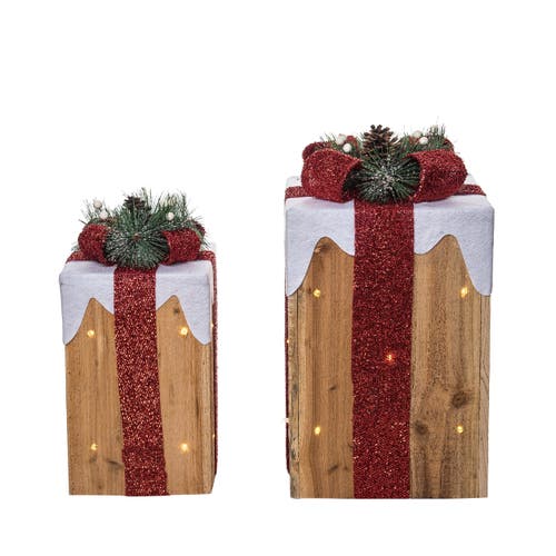 Transpac Multicolor Light Up Snow Covered Gift Decor Set Of 2 Figurines In Gold