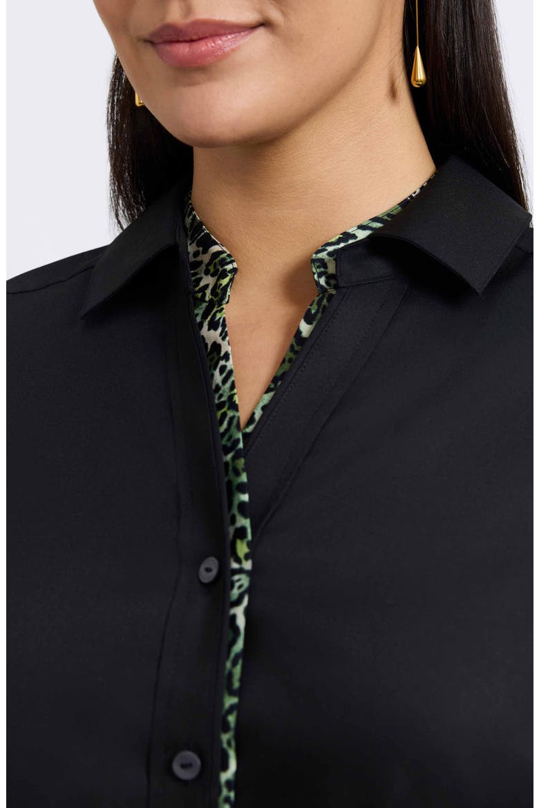 Marlee Leopard Trim Cotton Blend Button-Up Shirt, Alternate, color, BLACK