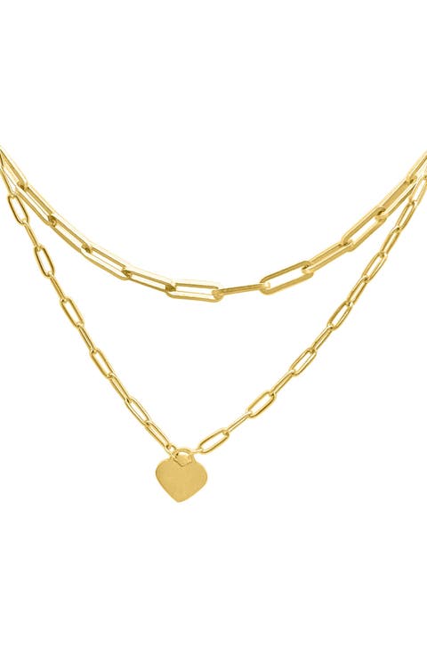14K Gold Plated Water Resistant Stainess Steel Layered Paperclip Chain Heart Pendant Necklace