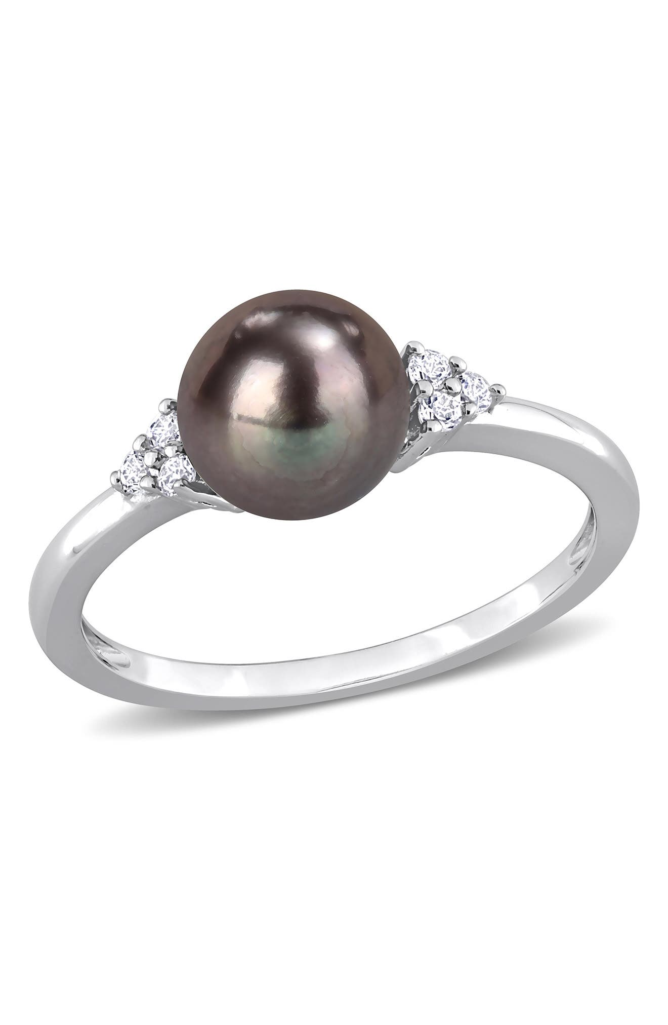DELMAR Black Pearl & White Topaz Ring