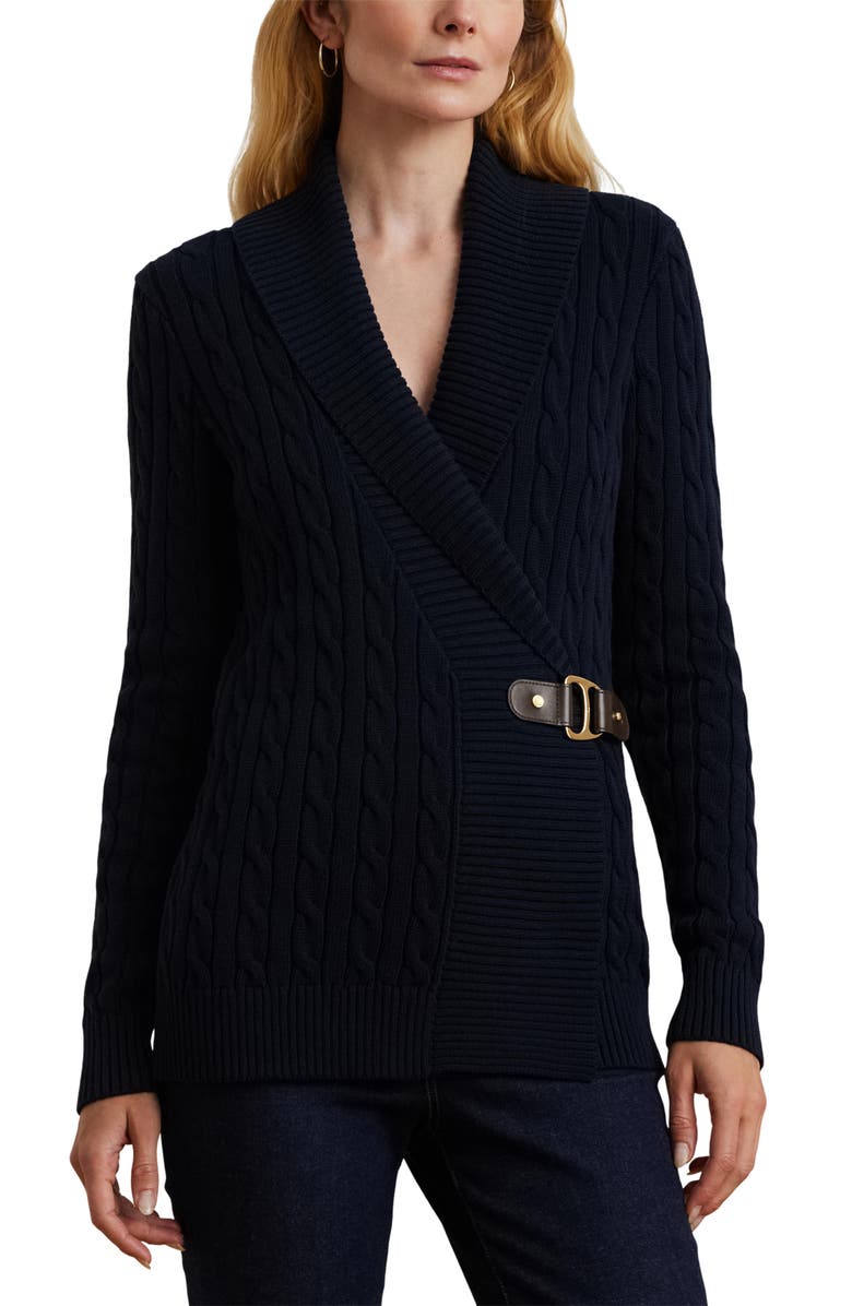 Lauren Ralph Lauren Cable Stitch Cotton Wrap Cardigan, Main, color, Lauren Nav